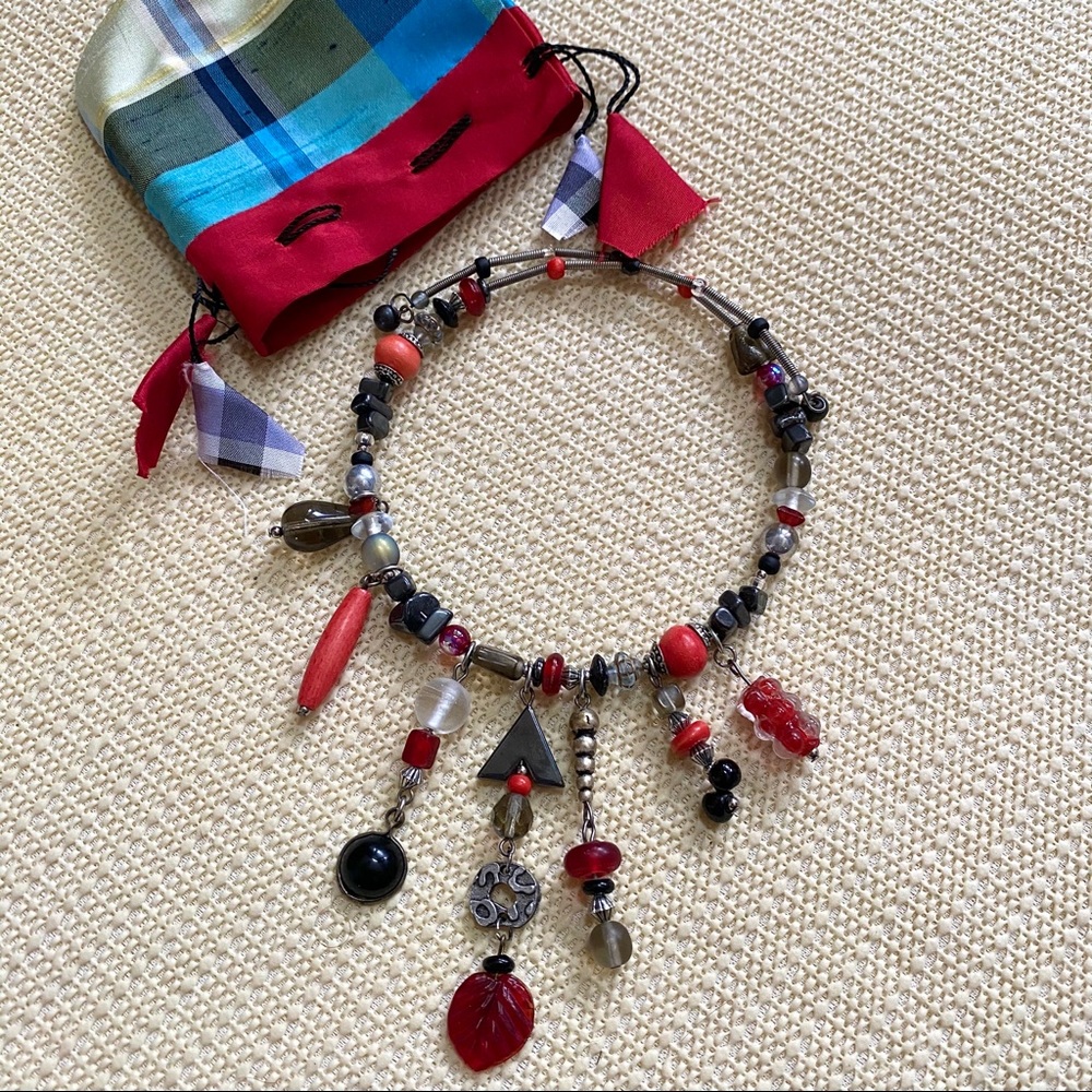 Springy Black, Red, Silver Charm Choker Necklace